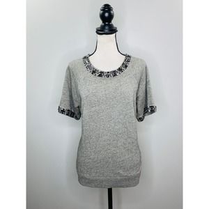 J Crew Jeweled Cotton Knit Top Womens Medium Short Sleeve Cocktail Party Glam